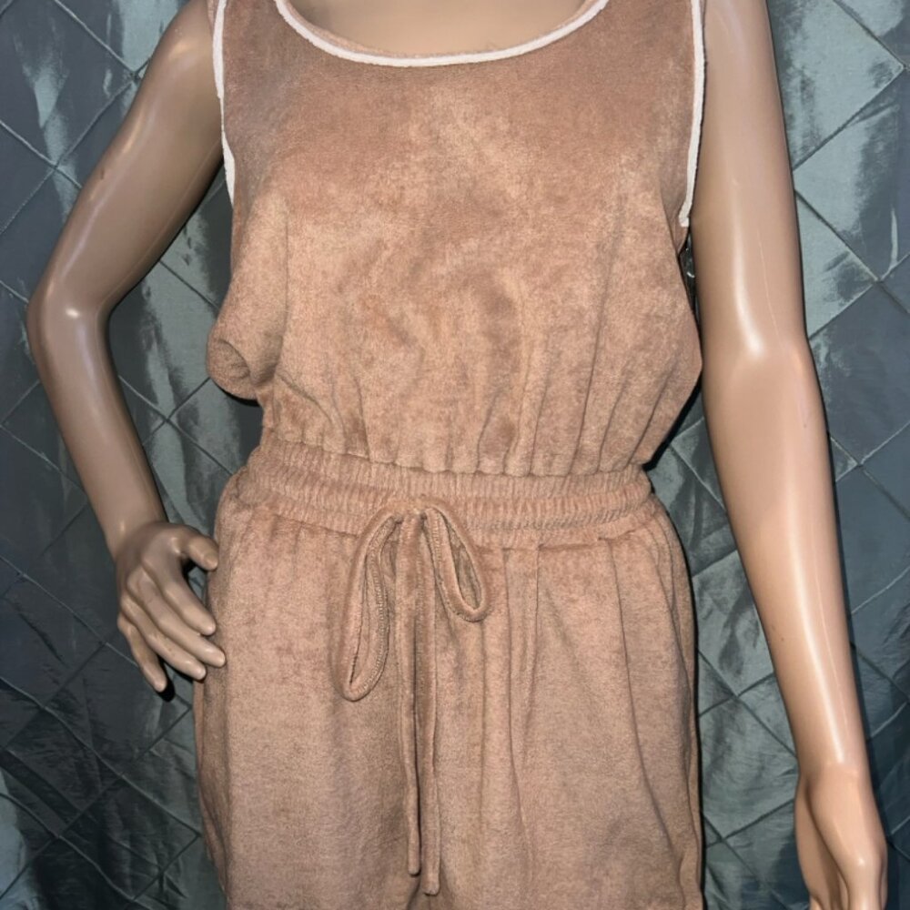 Sleeveless Terry Romper with Drawstring Waist in Taupe